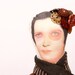 Quirky Ooak Bohmin  Beaded doll - Unique lady wearing  scarf  Brown dress with scissors with Beads and Buttons & socks -handmade  doll