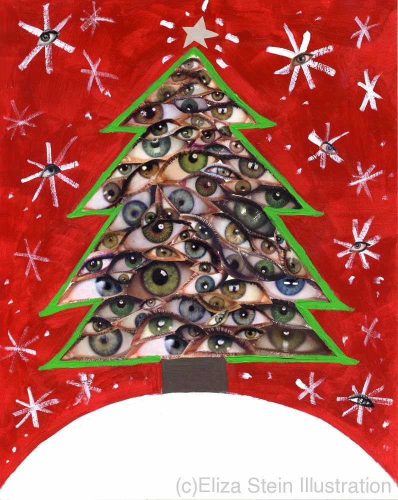Christmas Tree Collage Card, 5x7 Blank Greeting Card (holiday xmas weird strange bizarre unusual odd red green)