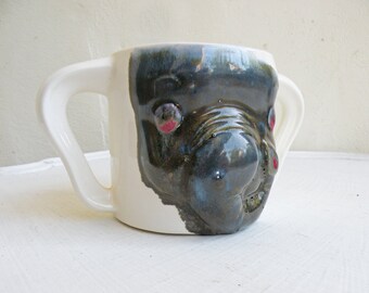 Vintage Ceramic Cup Two Handled Mug Elephant Quirky Home Decor Blue Grey White Coffee Cup Tea Cup