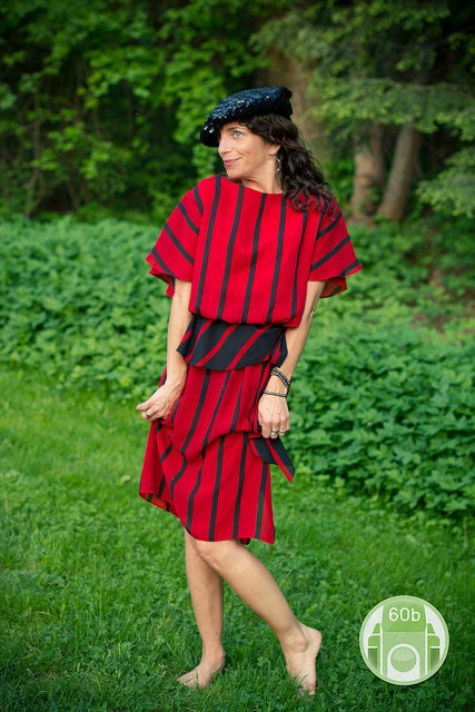 ruby and black stripes - sheer peplum dress - ON SALE