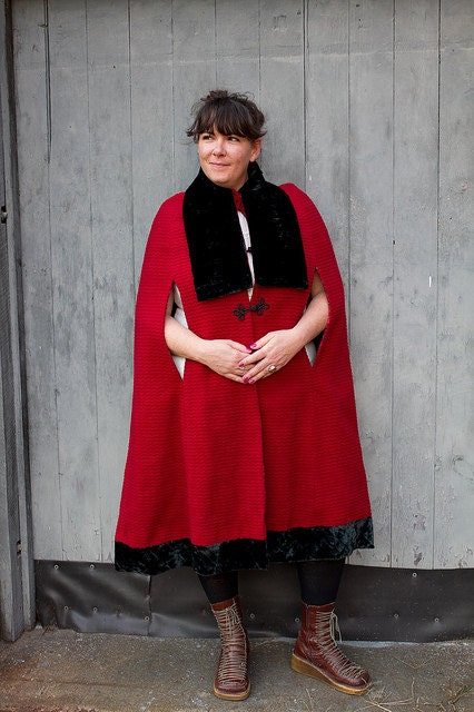 carmine red textured wool and velvet swing cape - SALE
