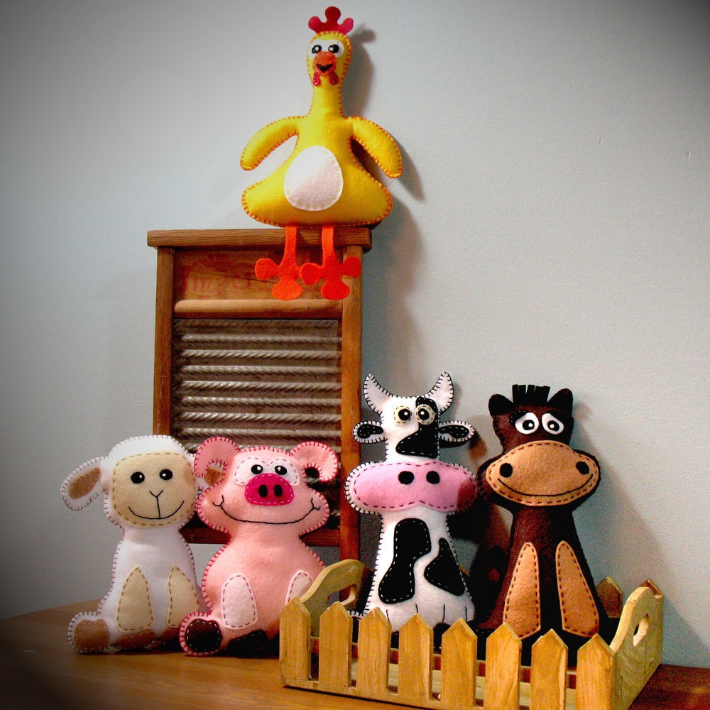 5 Farm Stuffed Animal Hand Sewing PATTERNS - Make Your Own Hand-embroidered felt Cow, Pig, Horse, Chicken, Lamb - Easy