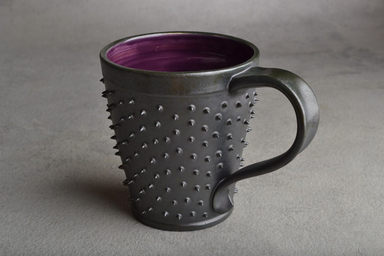 Spiky Mug: Made To Order Black and Royal Purple Dangerously Spiky Coffee Mug Cup by Symmetrical Pottery