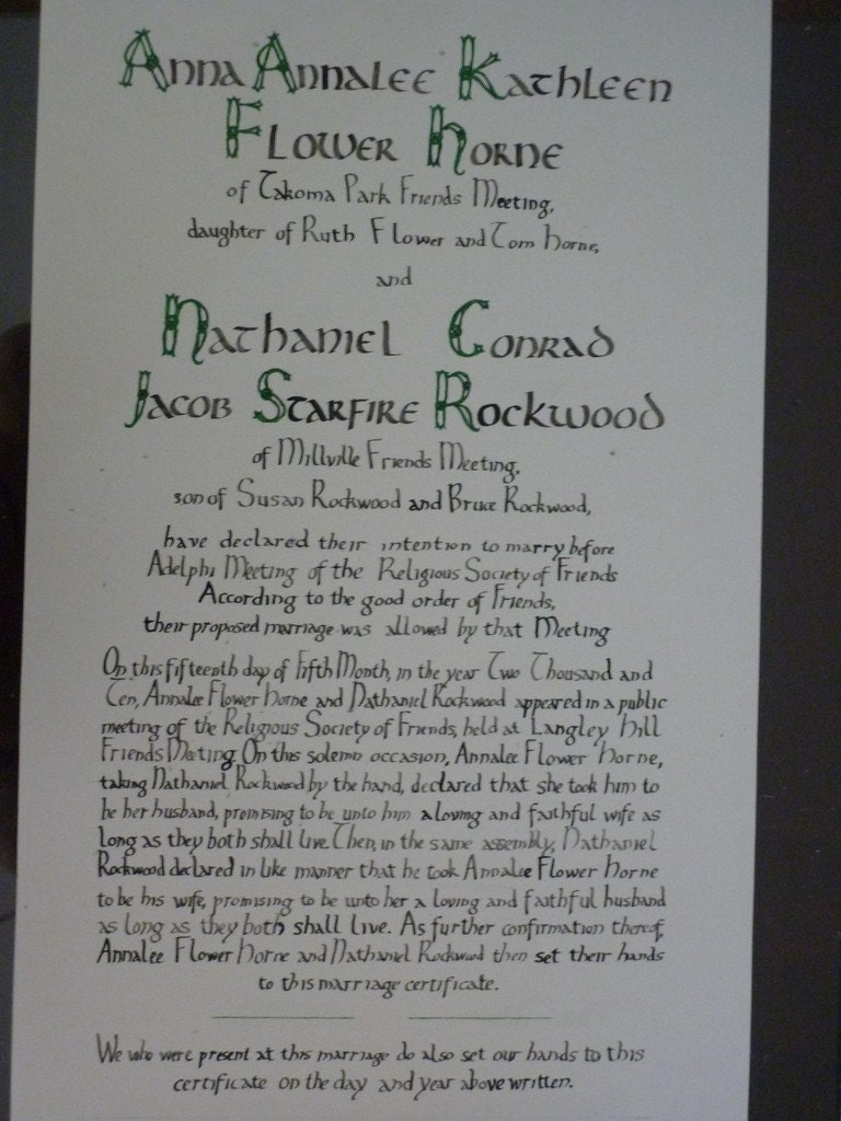 Simple Quaker marriage certificate, long text, hand calligraphy, personalized