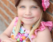 1T/2T  or 2T/4T Newsgirl Newsboy Crocheted Hat Brown with Pink and Hot Rose flower