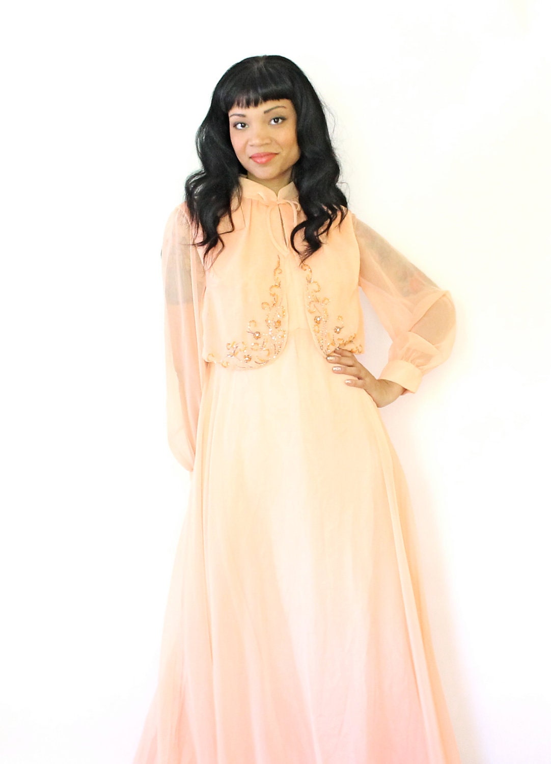 Vintage 60s 70s Peach Maxi Dress Sheer Sleeves Coral Gown Medium