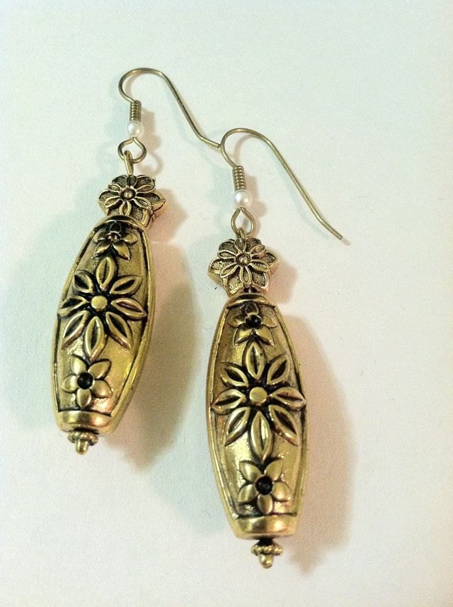 Cleopatra Gold Flower Carved Look Tube Bead Earrings