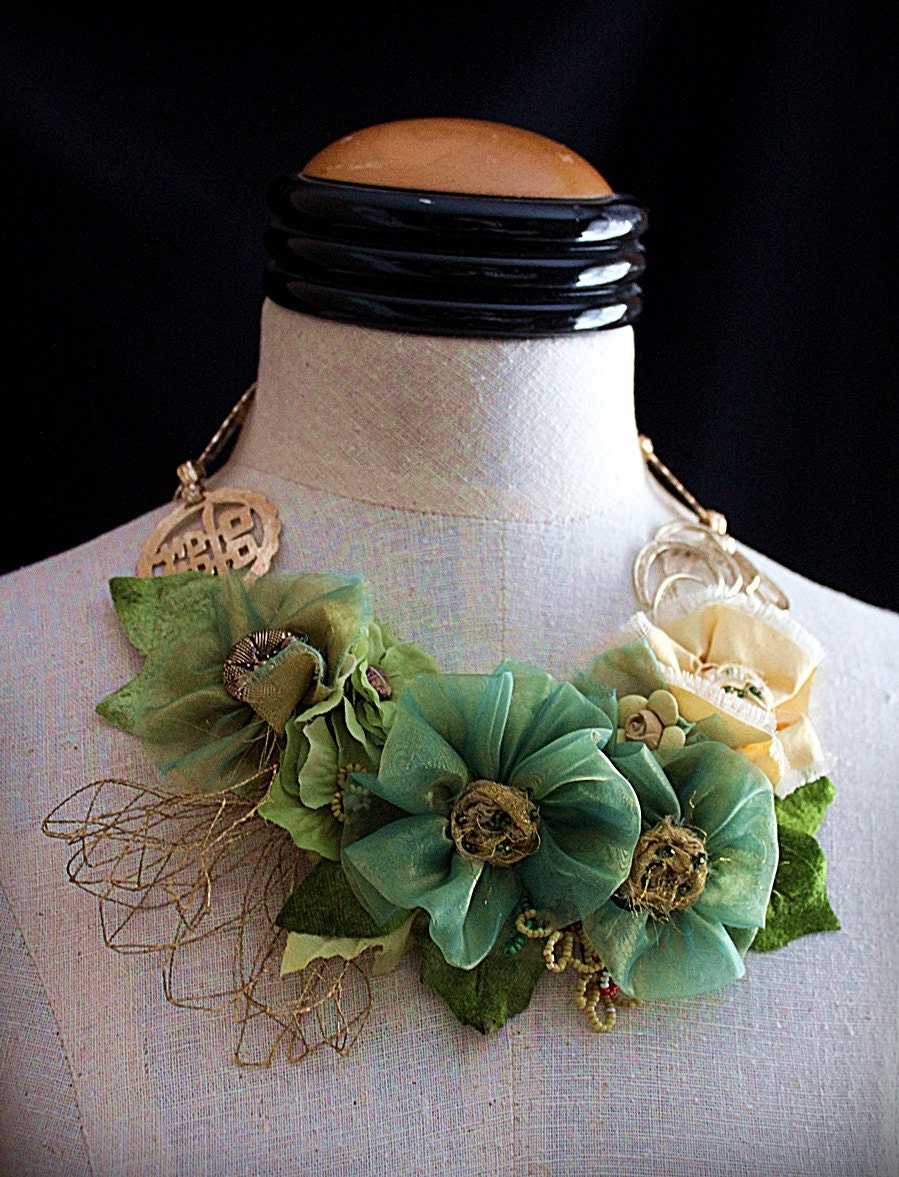 SHANGHAI SPRING Mixed Media Statement Necklace Collar Wearable Art