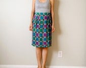 vintage women purple cobalt sea coral turquoise aqua blue teal green printed high waisted knee length pencil skirt (small, size 4 - 6)