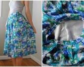 vintage women turquoise aqua sea coral blue purple green floral printed pleated high waisted midi knee calf long full skirt (size 4 6 8)