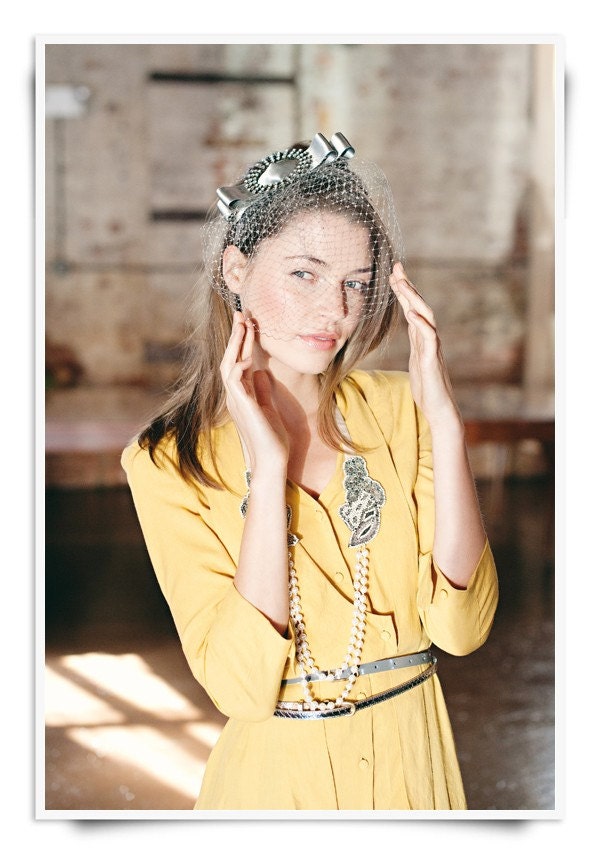 Southern Vintage Inspired Headband with Embellished Applique, Satin Bow and Birdcage Veil