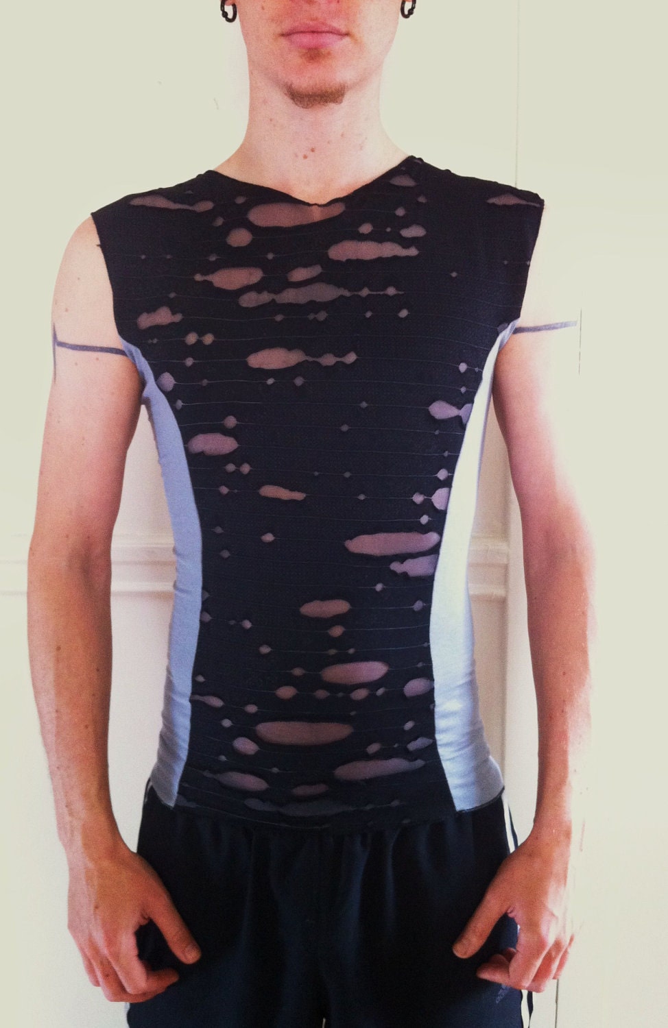 Mens Shirt colorblock two-tone cyber Burning Man raver goth decay slashed sleeveless tank zombie distressed post apocalyptic