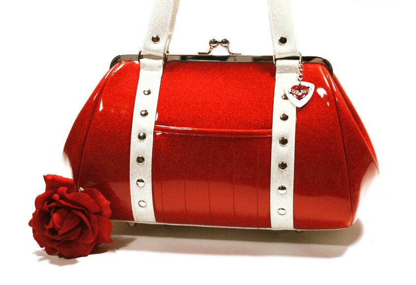 Ruby Red Sparkle Vinyl Purse with Your Choice of Contrast Vinyl, Glitter Rockabilly Handbag - MADE TO ORDER