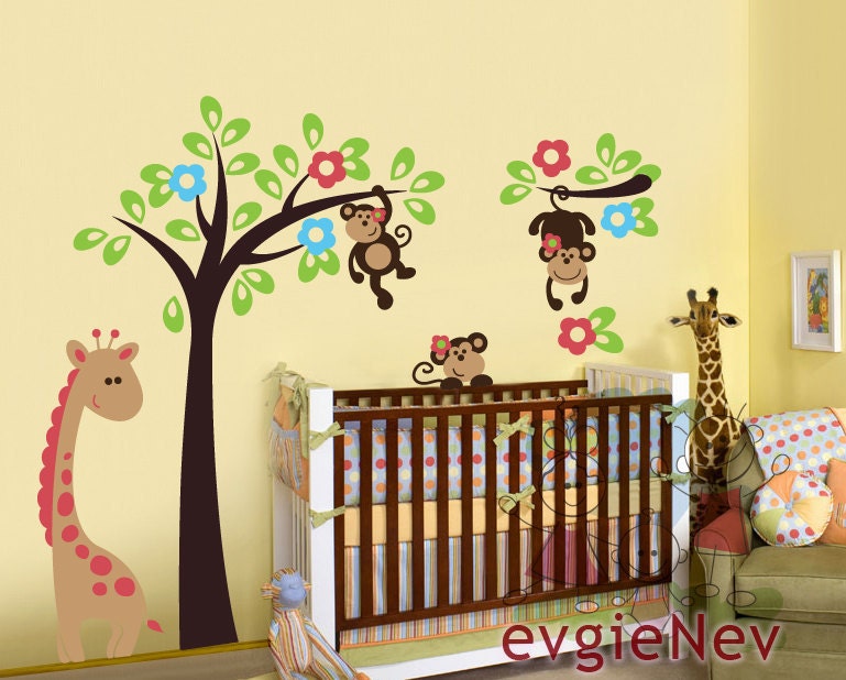 Children Wall Decal Wall Sticker Kids Wall decal Art - Monkeys on the Tree Jungle with Giraffe Wall Stickers - PLSF020R