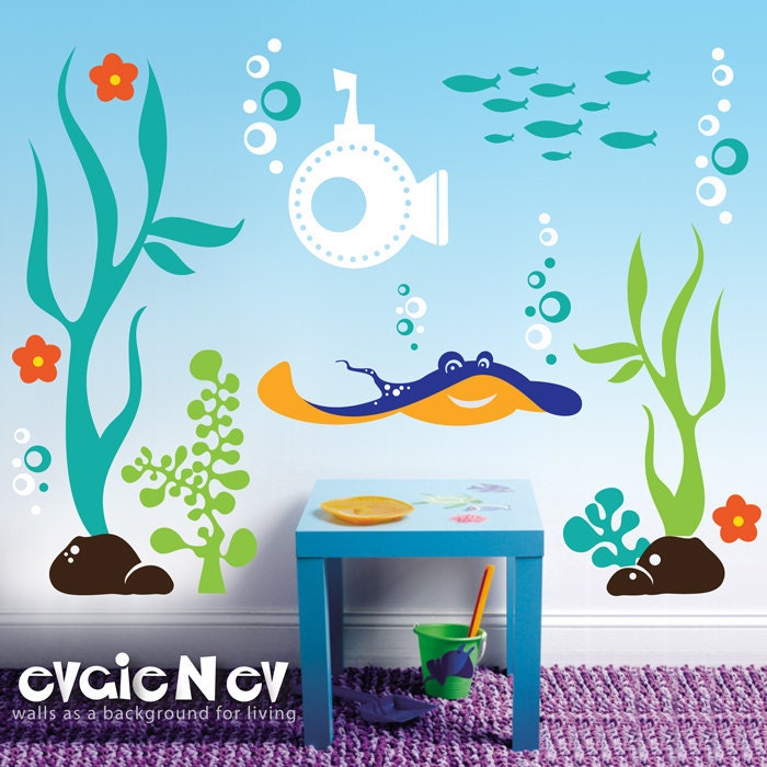 Underwater Wall Decals Fish Wall Sticker - Underwater Theme with Ray, Submarine, Seaweed and Fish Wall Stickers - PLUW010R