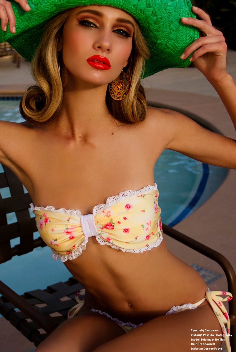 Bikini Yellow Floral Bandeau Swimsuit W/ Crochet Lace Ruffle