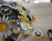 Brooch and Fabric Bouquet - Made to Order Large Bouquet Yellow and Gray