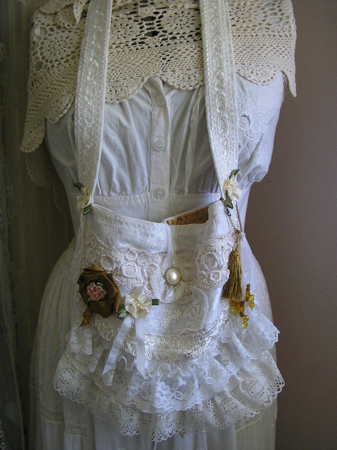 Victorian Shabby Bag, handmade unique embellished ruffled laces white gold