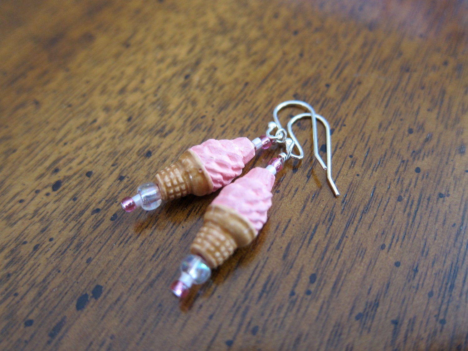 Girl's Pink Ice Cream Cone Dangle Earrings - Strawberry Soft Serve - Sterling Silver earwires -  Kid's Earrings - Pink
