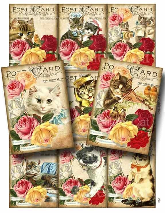 Victorian Kittens and Roses  Digital Collage Sheet Instant Download for Paper Crafts Cards Original Whimsical Altered Art GalleryCat CS51