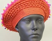 Orangy Pink Bubbly Crochet Beret with a Pink Felt Flower Pin...