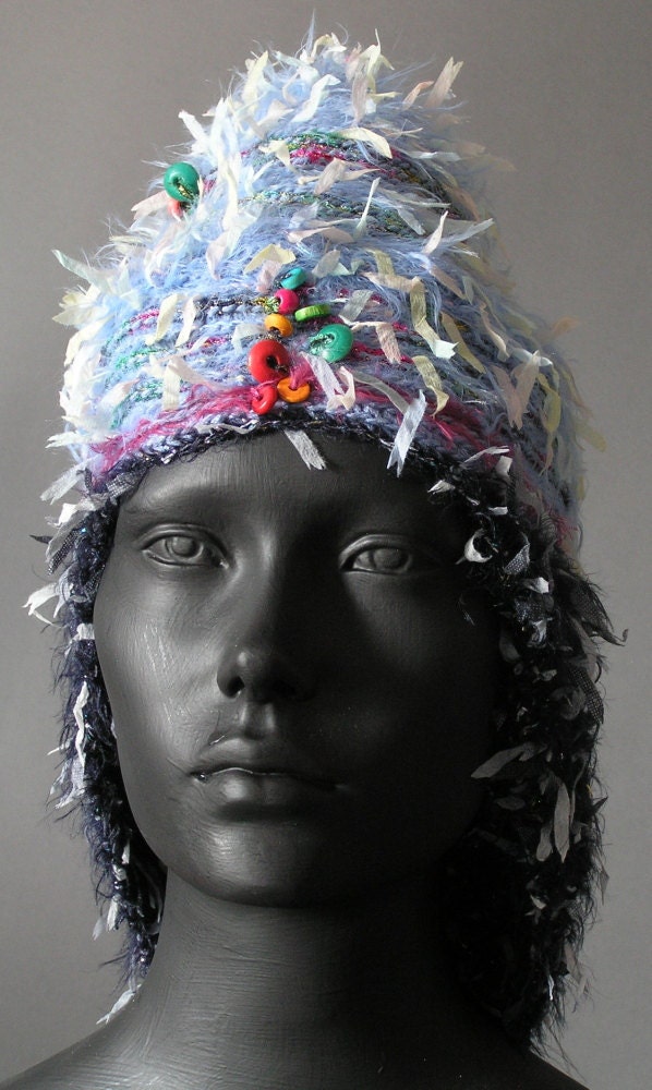 Funky, Fuzzy, Fantasy Blue & Black Crochet Hat...