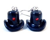 Dangle Earrings Polymer Clay Black Top Hats w Red Crystals Fun Fashion Jewelry Kawaii Miniature Unique Silver Plated