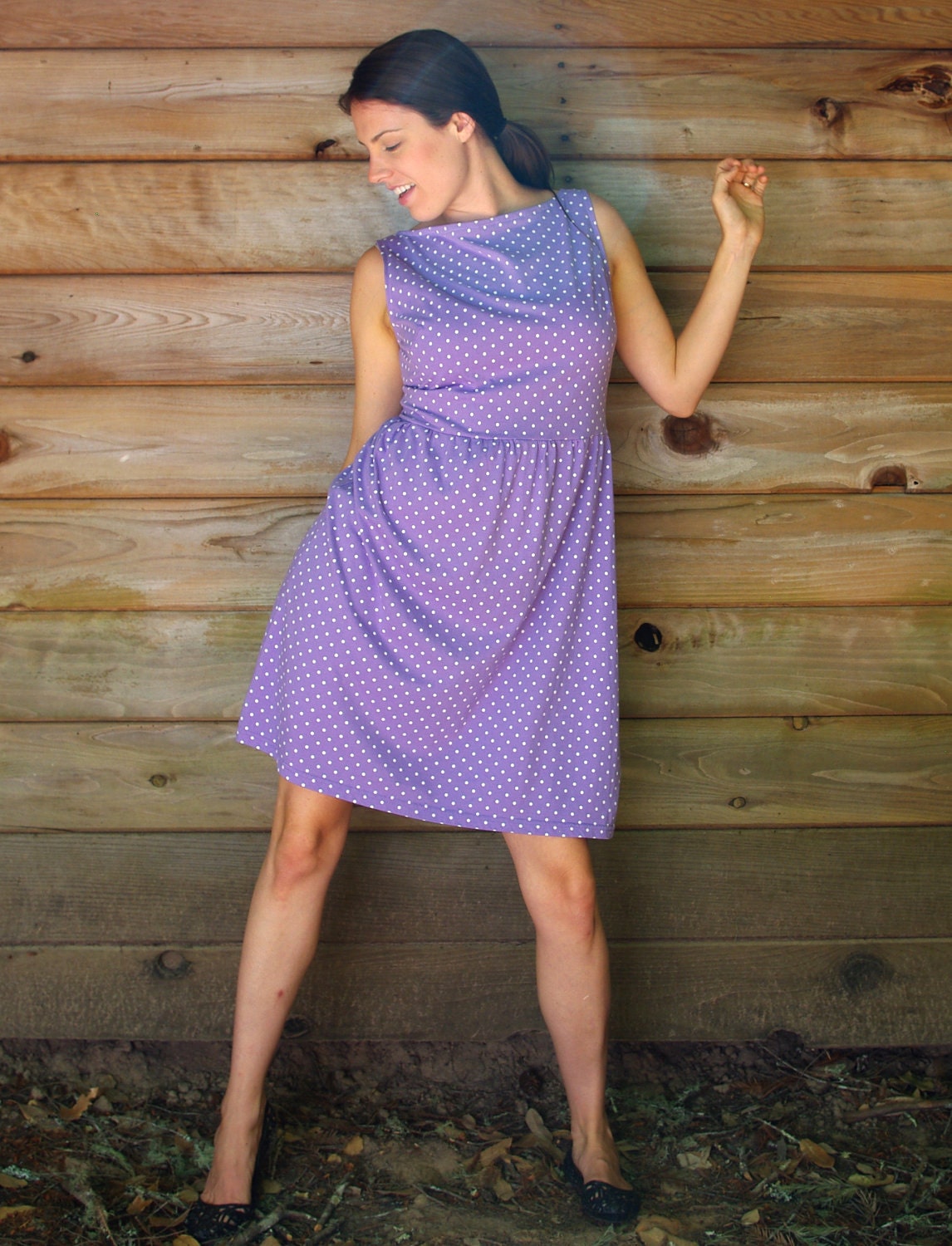 Large / Upcycled Purple Polka Dot Jersey Dress