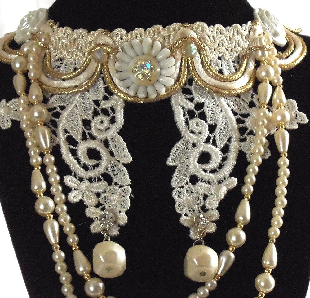 White choker necklace, rhinestones on silk, white bib bridal accessory, vintage couture, formal jewelry, LAYAWAY PLANS