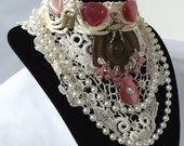 White bib necklace, steampunk, Hipster, Retro, collar topper, pink n white lace, OOAK, LAYAWAY PLANS