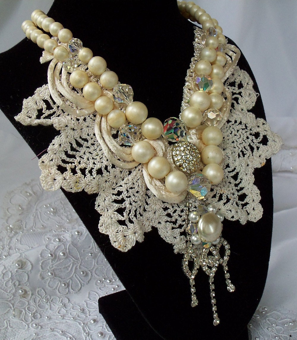 Crystal bridal necklace, Victorian pearl beaded lace bib, Wedding collar neck piece, OOAK, La Marelle Couture