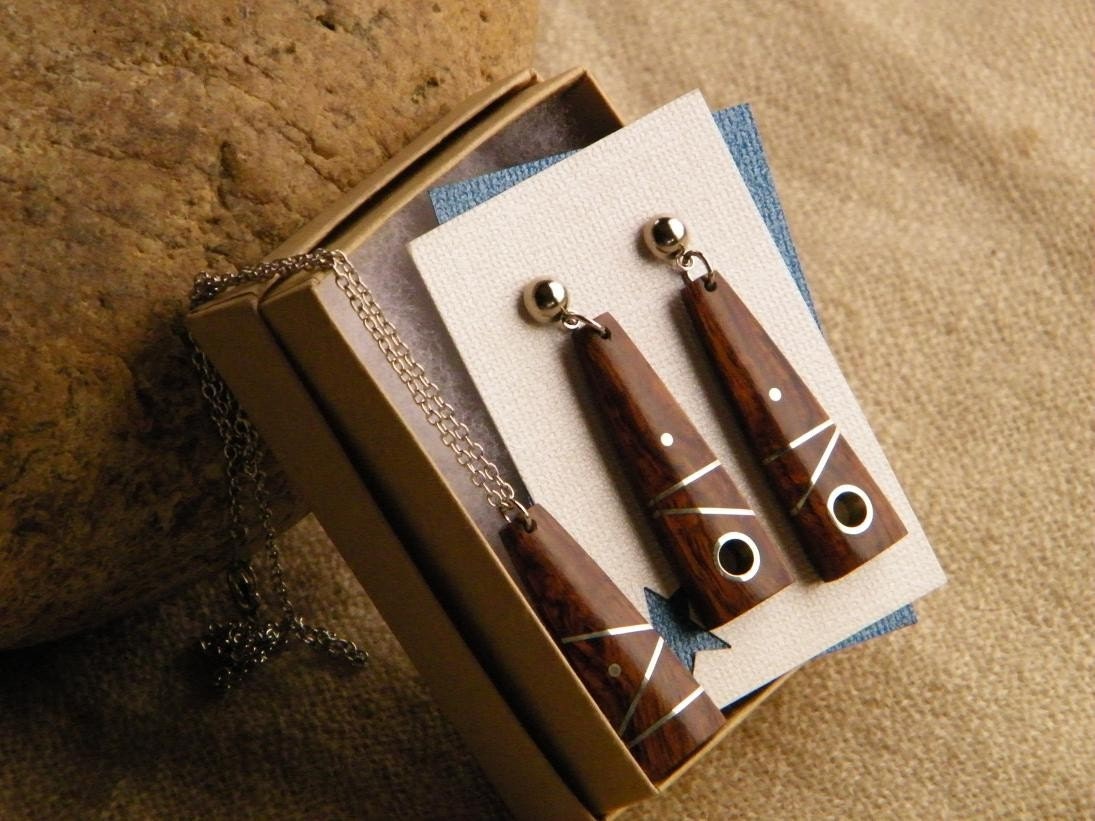 Gift Set - Wood Jewelry - Handmade Inlaid Desert Ironwood Necklace and Earrings Set - Gifts Under 60 - Ready to Ship