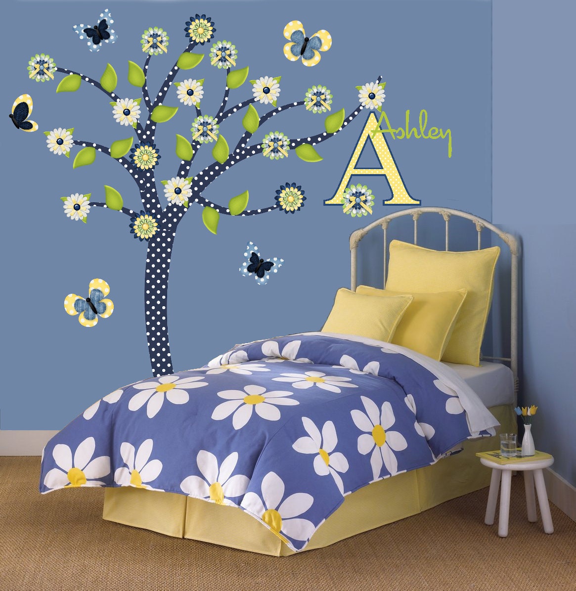 Children Wall Decals Tree Decal Denim Daisy Tween Girl Decor Monogram Name