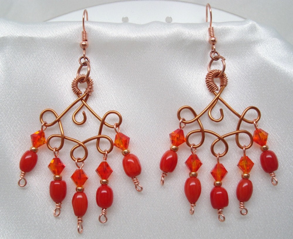 Copper and Coral Pierced Chandelier Earrings