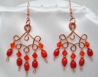 Copper and Coral Pierced Chandelier Earrings