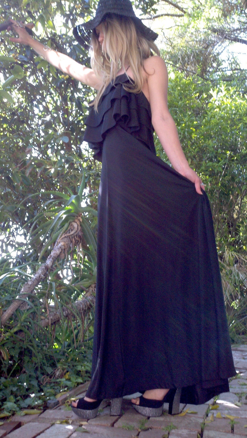 Vintage 70s Dress California Girl Slinky Black Maxi Dress M L