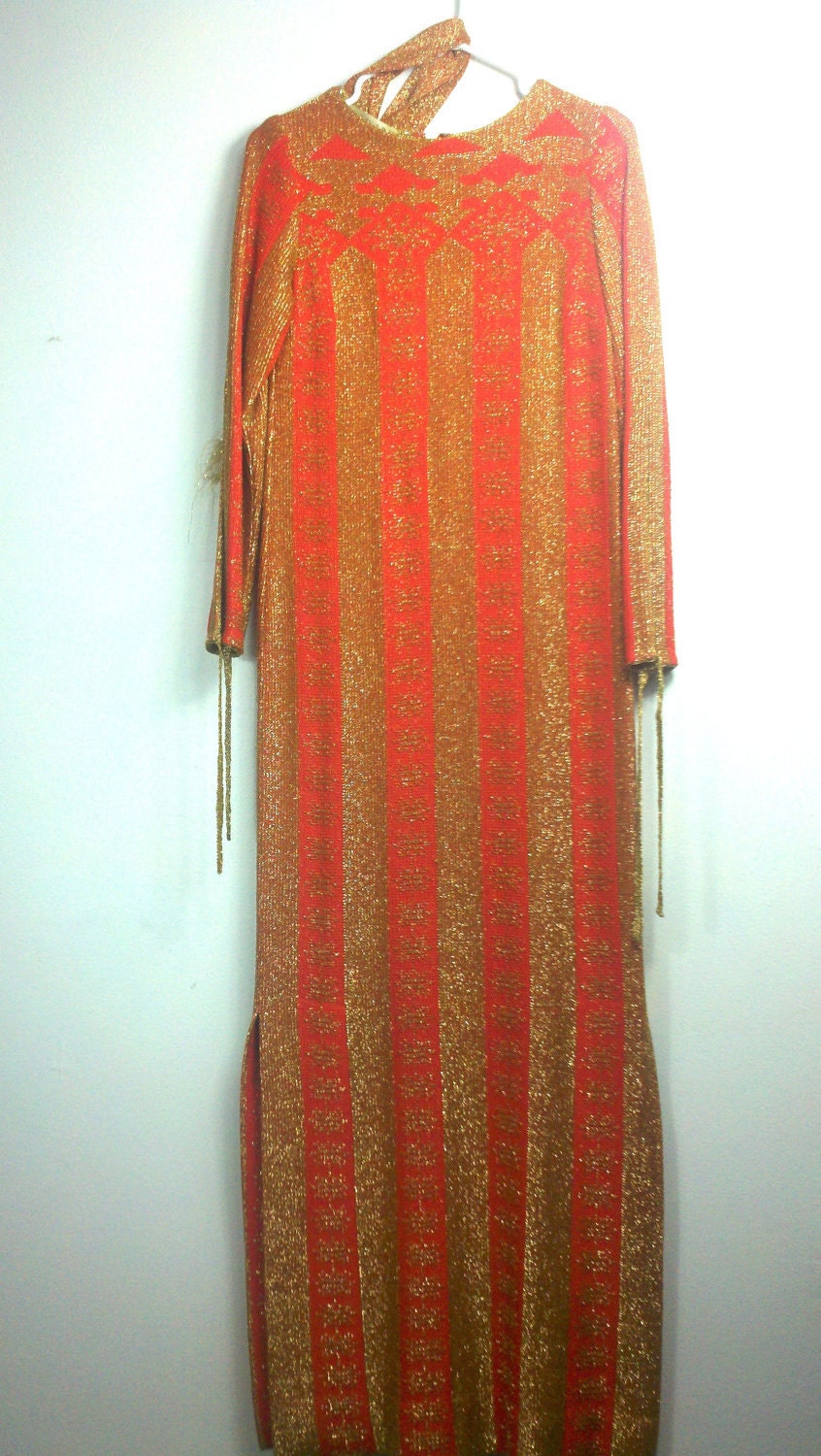 Vintage 60s Dress Metallic Bohemian Column Wiggle Knit Maxi
