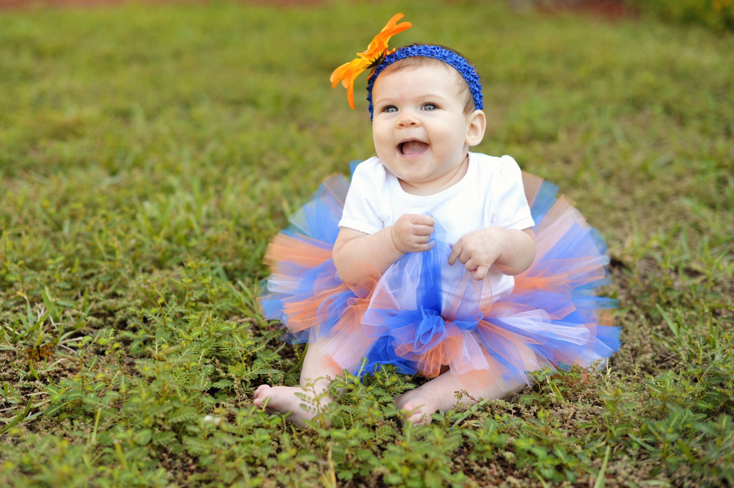 Gator Baby TUTU Orange and Blue with Flower Headband - Newborn to 2T - Birth Announcements, 1st Birthday, Shower Gift, Football Games
