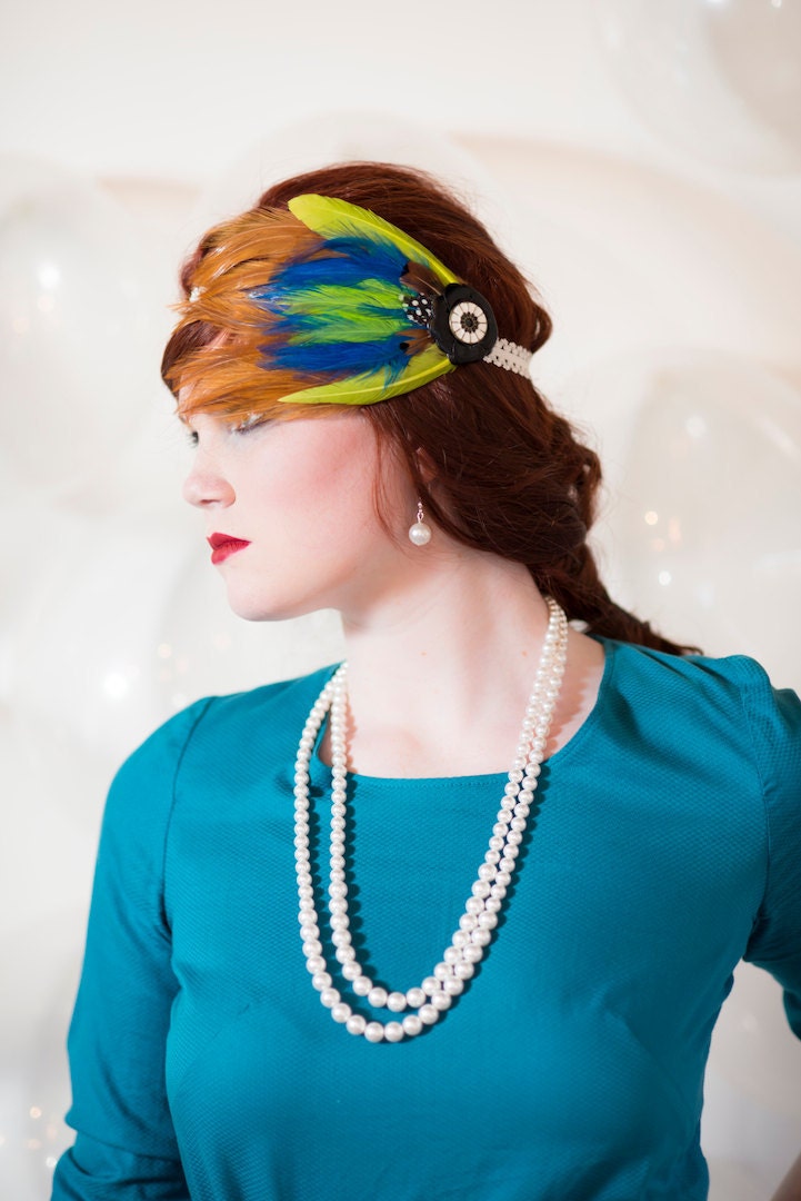 Fancy Fluorescence Headpiece Prom Feather Fascinator Neon Blue Green Retro 80s Lace Headband Comb Clip Madonna