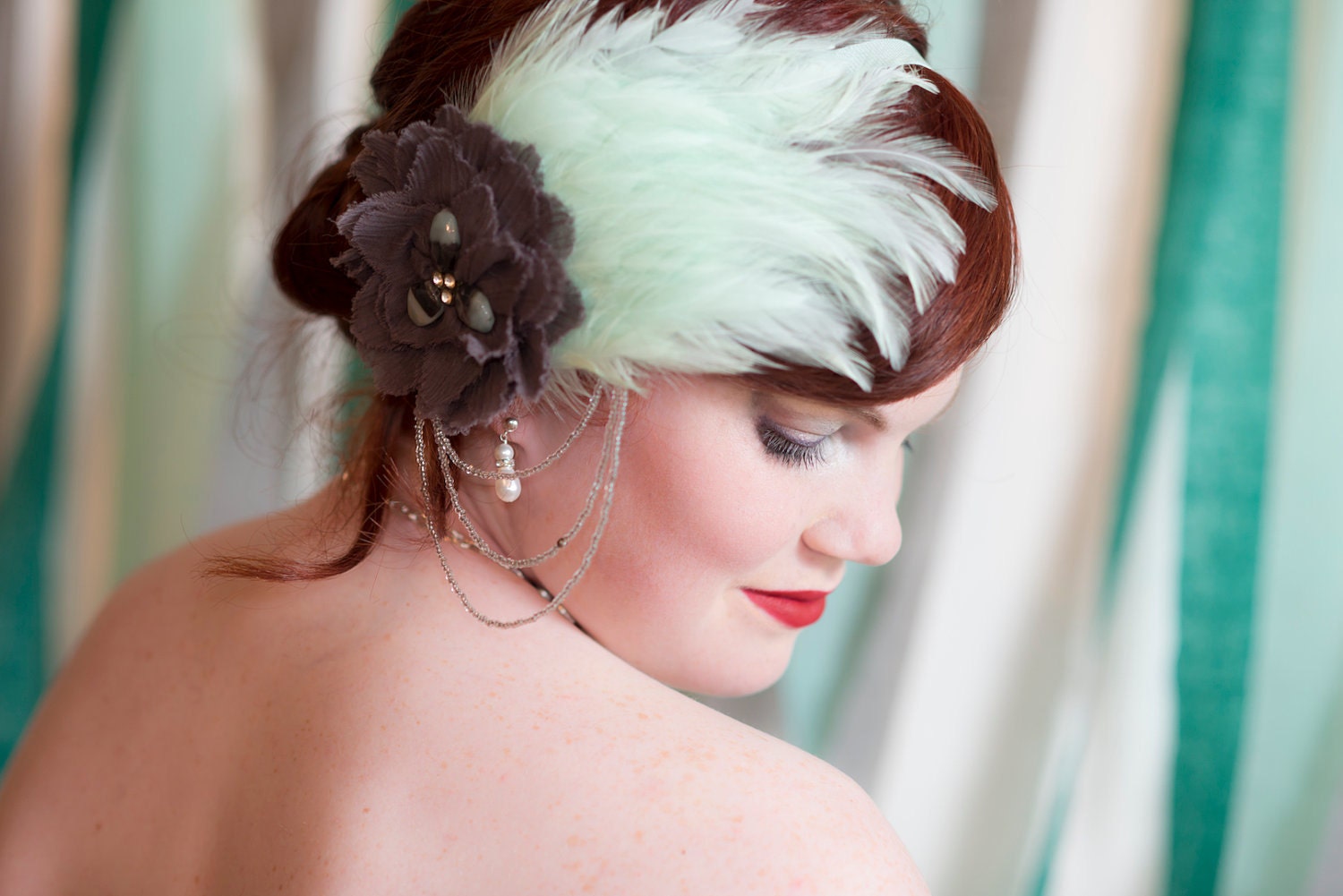 Seafaring Siren Bridal Prom Headpiece Feather Fascinator Mint Green Wedding Headband Flapper Millinery