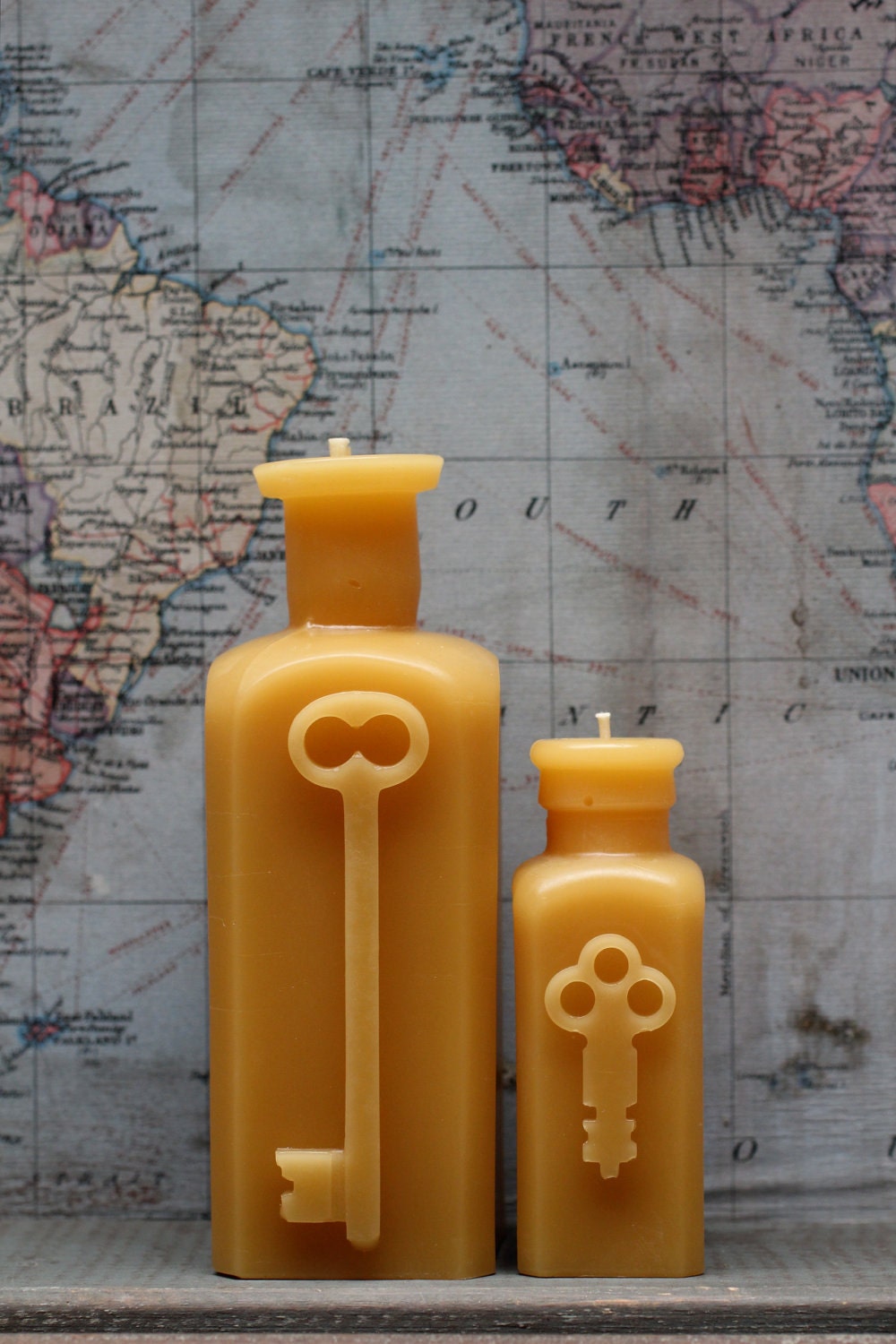 Beeswax Candle  Set - antique bottle shaped - "TWO KEYS" - by Pollen Arts - Md & Sm.