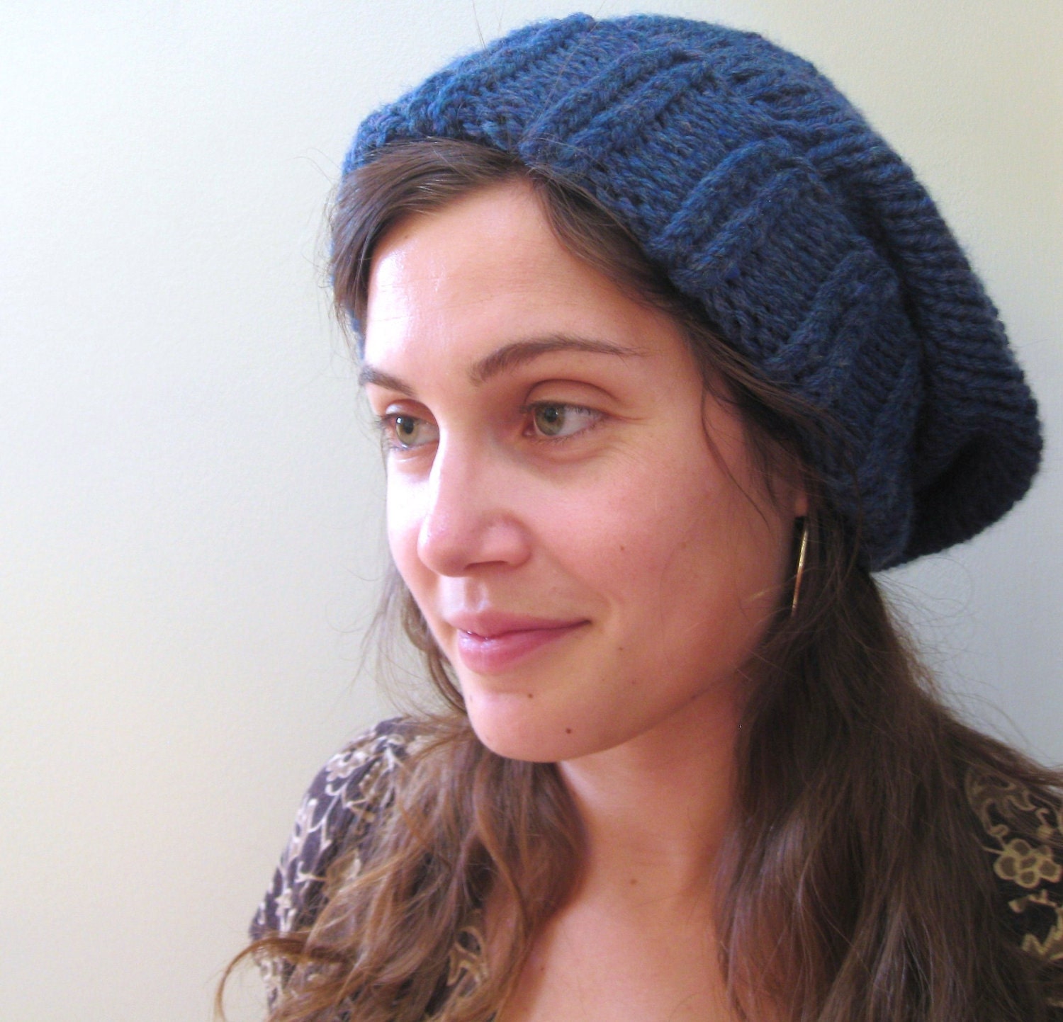 Slouchy Beanie - Hand Knit Hat - The Cuffed Slouch Hat - Wool Blend - Blue Mist