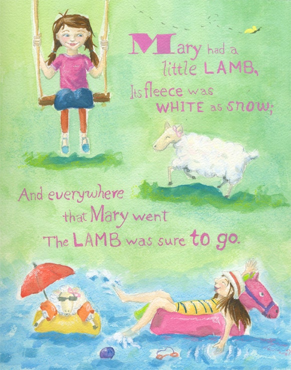 Mary Had Little Lamb, Nursery Rhyme, Children's Art , Modern Version (8x10 print)