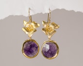 Faceted Amethyst in 22k Gold Vermeil earrings with Matte Finished 16K Gold Plating Orchid Flowers - Mother's Day Gift