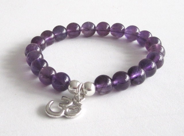 Aum Om Silver Charm Amythyst Yoga Mala Bracelet Chakra Jewelry Sterling Silver Beads Balance Protection, Spirituality, Hinduism, Buddhism