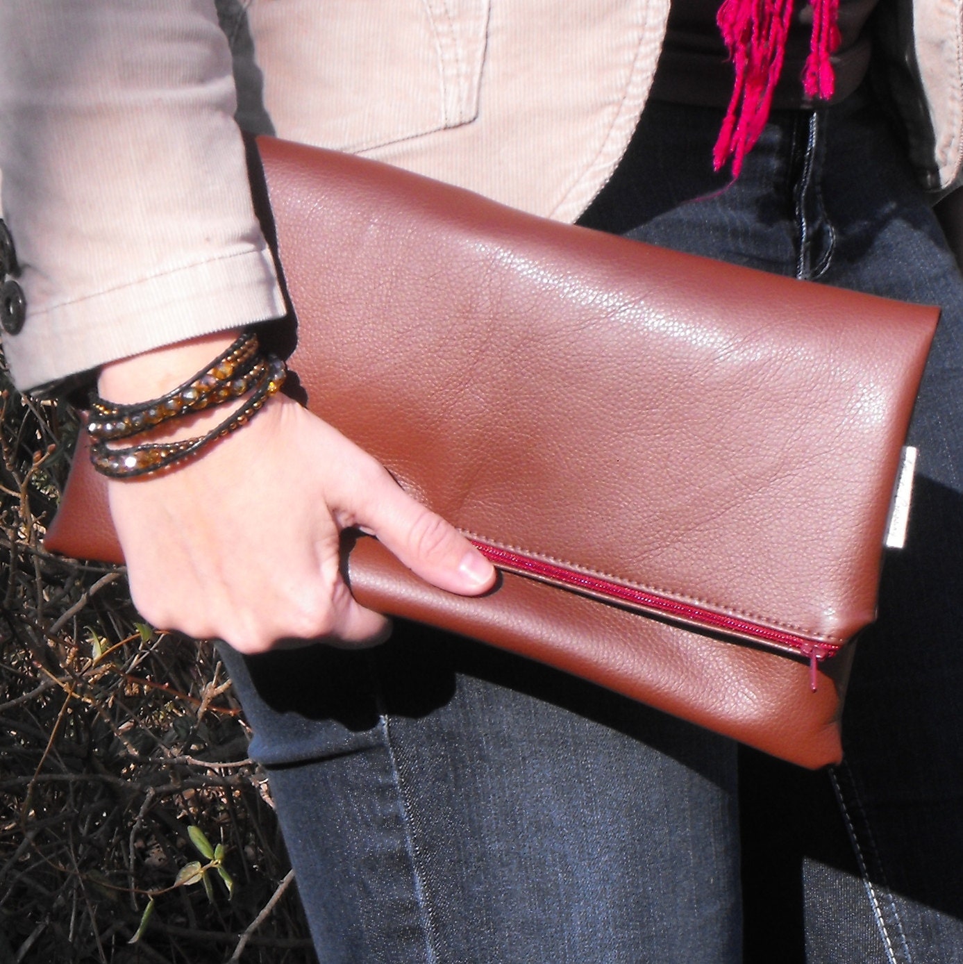 Clutch Handbag Purse Fold Over Vegan Faux Leather Merlot Red Burgundy