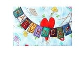 I LOVE PATCHWORK, textile card, fiber art card, quilters gift, red blue