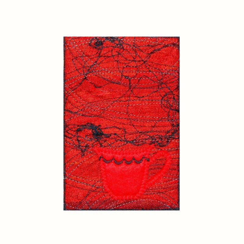 Art Fiber Textile Card, Quilted Fabric Postcard, Red Embroidered Postcard, Red Cup card