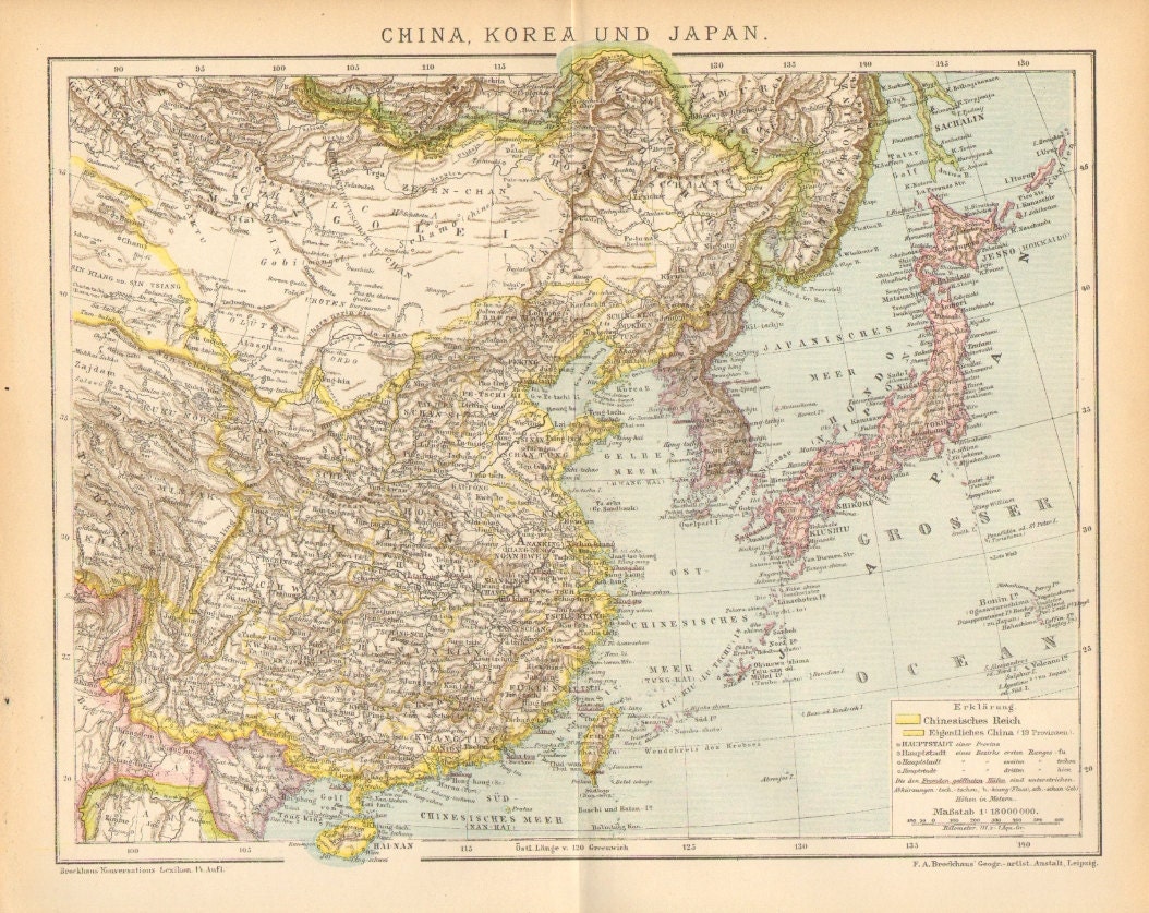 1894 Original Antique Political Map of China Korea and Japan in the 19th Century