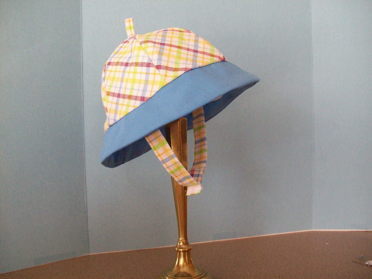 Infant Toddler Boys Sunhat Plaid print with Blue Brim